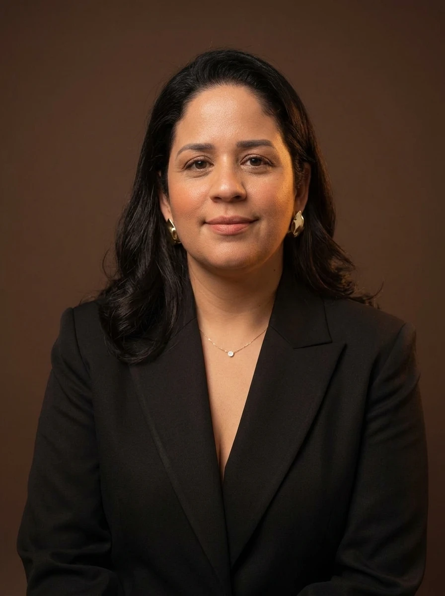 Helena Carina, autora de Cure o seu Feminino, em um retrato com blazer preto e fundo marrom.